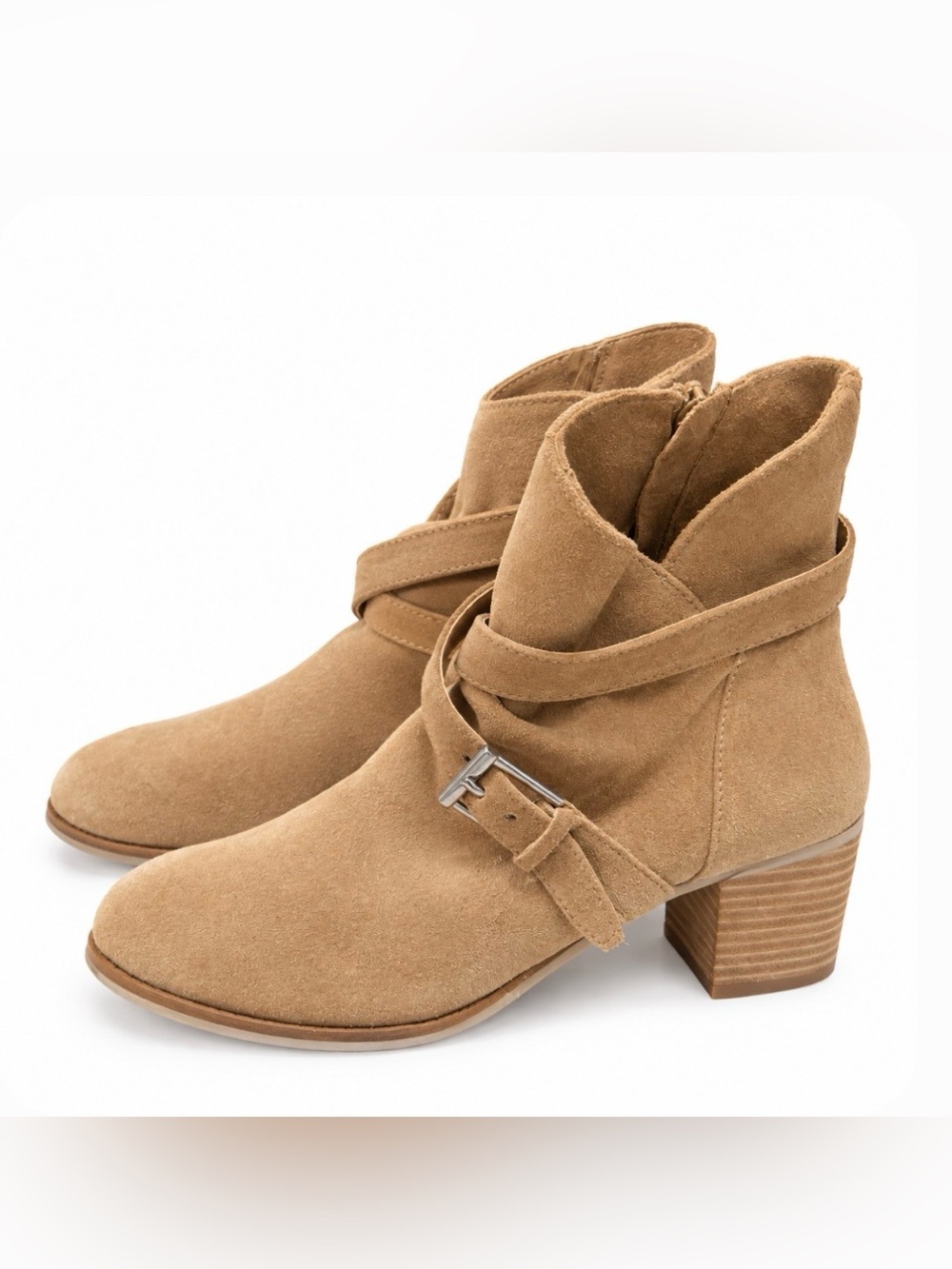 Harper Tan Suede Wrap-Buckle Ankle Booties